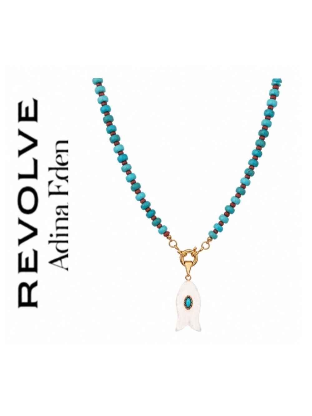 Revolve x Adina Eden White Quartz & Turquoise Fish Pendant Beaded Necklace
